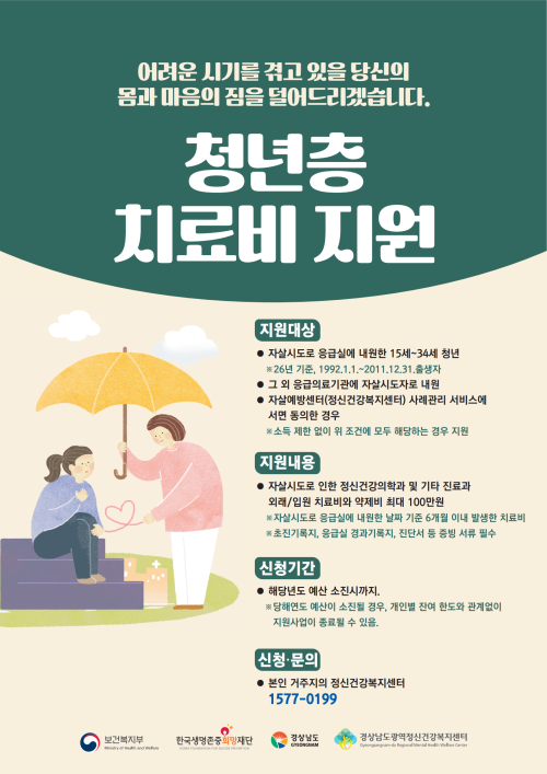 [청년층 자살시도자 치료비 지원 사업] 2026. 청년층 치료비 지원 사업안내 포스터